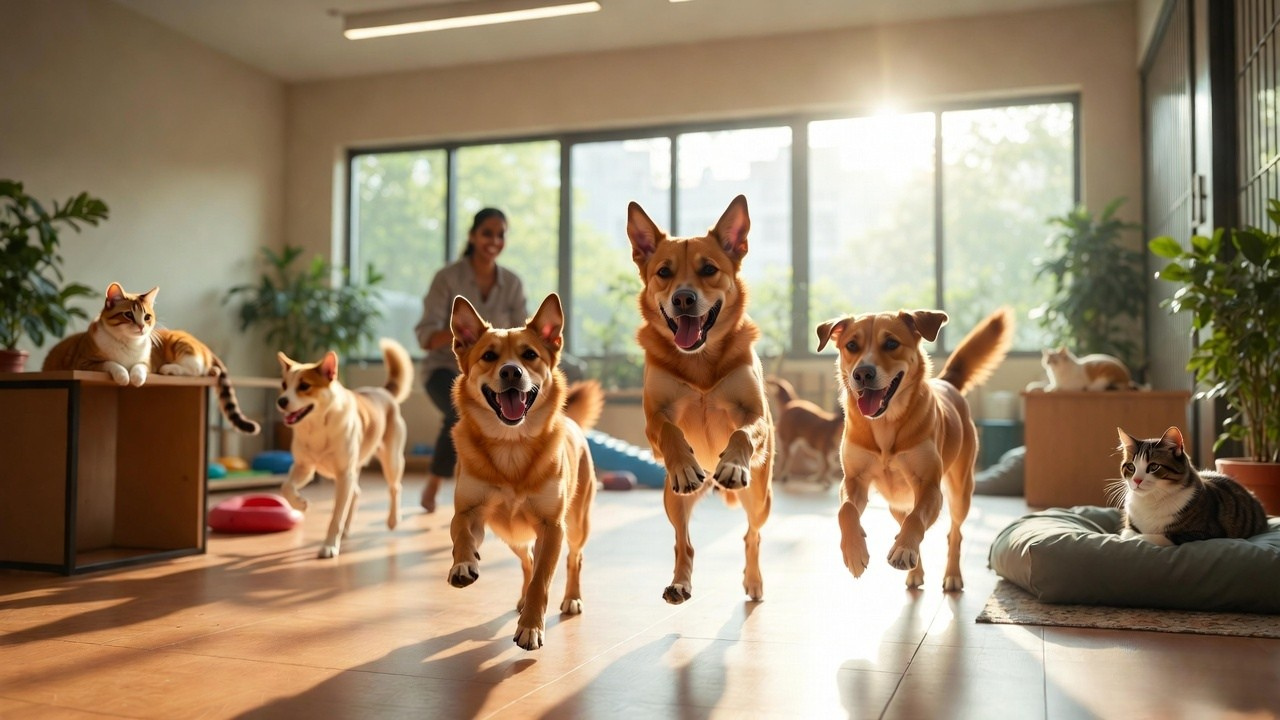 Happy pets playing at shelter